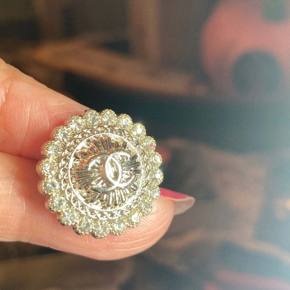 Chanel Earrings,stamped buttons turned into Silver-Tone Earrings, rhinestones - Picture 7 of 9